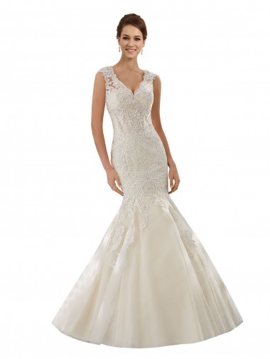 Ivoire & Champagne Sirène Col V Tulle Dentelle Robes de mariée à Bas Prix