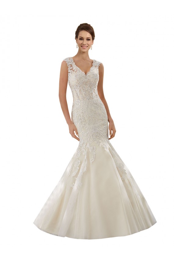 Ivoire & Champagne Sirène Col V Tulle Dentelle Robes de mariée à Bas Prix
