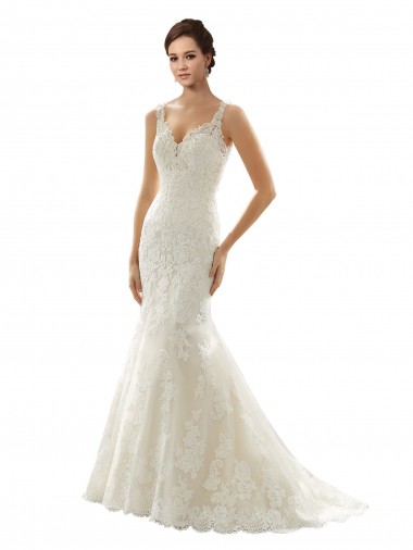 Ivoire & Champagne Sirène Col V Tulle Dentelle Robes de mariée à Bas Prix