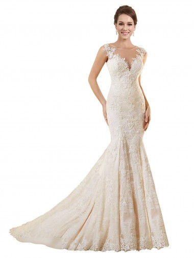 Ivoire & Champagne Sirène Illusion Dentelle Robes de mariée à Bas Prix