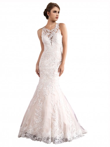 Ivoire & Champagne Sirène Illusion Traîne cathédrale Tulle Dentelle Robes de mariée à Bas Prix