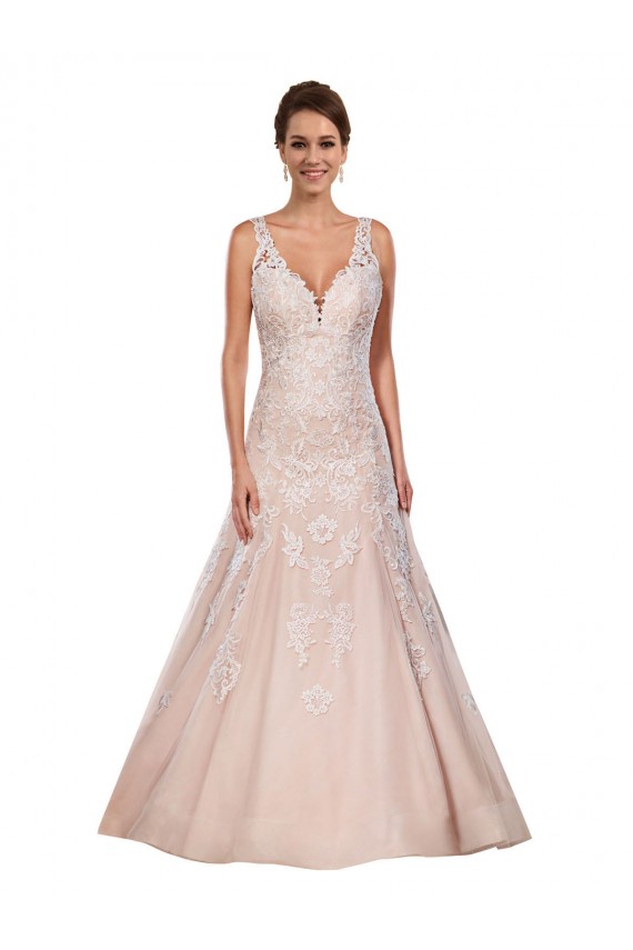 Ivoire & Champagne Trapèze Col V Dentelle Classique Robes de mariée à Bas Prix