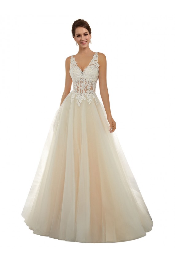 Ivoire & Champagne Trapèze Col V Tulle Dentelle Classique Robes de mariée à Bas Prix