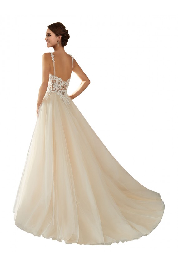 Ivoire & Champagne Trapèze Col V Tulle Dentelle Classique Robes de mariée à Bas Prix