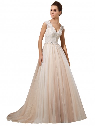 Ivoire & Champagne Trapèze Col V Tulle Dentelle Robes de mariée à Bas Prix