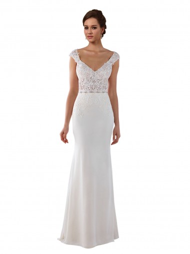 Ivoire Fourreau Col V Dentelle Crêpe Stretch Robes de mariée à Bas Prix