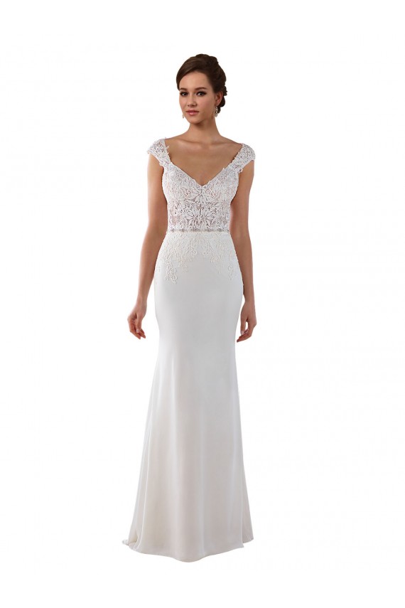 Ivoire Fourreau Col V Dentelle Crêpe Stretch Robes de mariée à Bas Prix