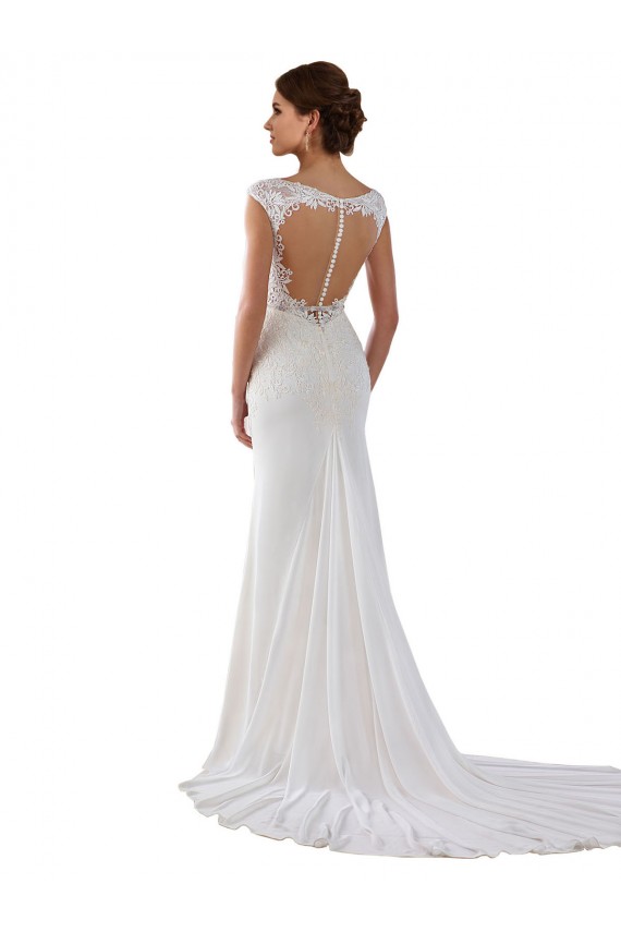 Ivoire Fourreau Col V Dentelle Crêpe Stretch Robes de mariée à Bas Prix