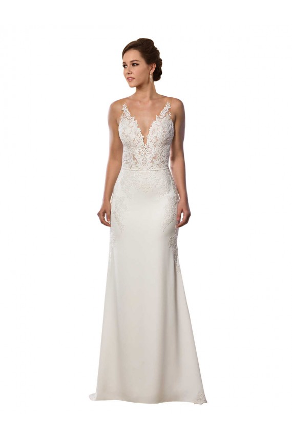 Ivoire Sirène Col V Dentelle Crêpe Stretch Robes de mariée à Bas Prix