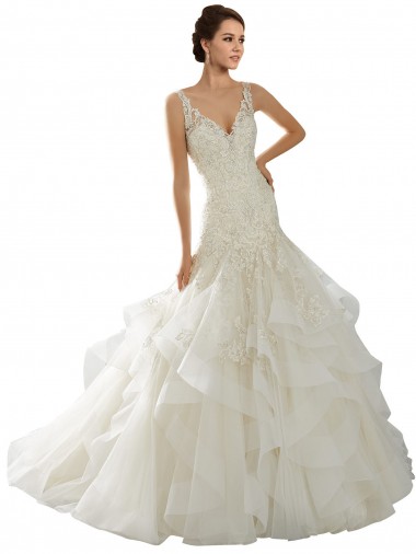 Ivoire Sirène Col V Tulle Robes de mariée à Bas Prix
