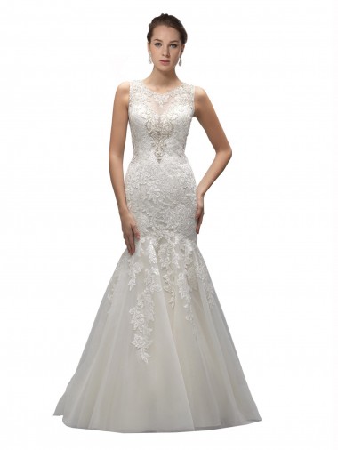 Ivoire Sirène Illusion Balayage train Tulle Dentelle Robes de mariée à Bas Prix