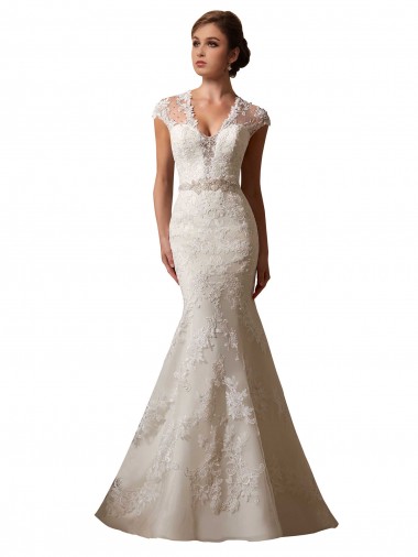 Ivoire Sirène Illusion Col V Tulle Dentelle Robes de mariée à Bas Prix
