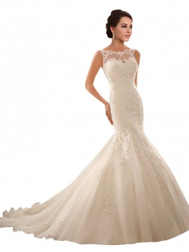 Ivoire Sirène Illusion Tulle Dentelle Robes de mariée à Bas Prix