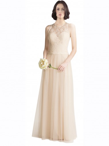 Ivoire Trapèze Bateau Illusion Tulle Dentelle Longue Robes demoiselle d'honneur à Bas Prix