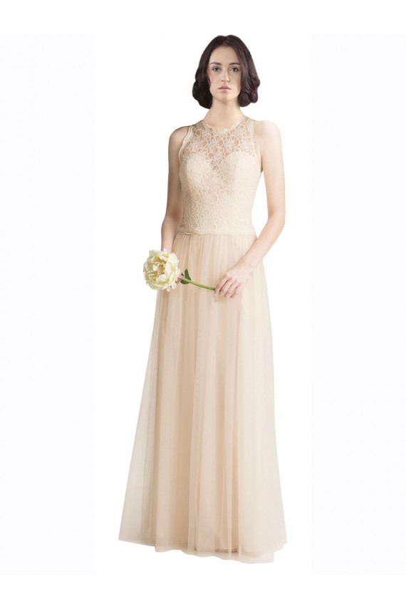 Ivoire Trapèze Bateau Illusion Tulle Dentelle Longue Robes demoiselle d'honneur à Bas Prix