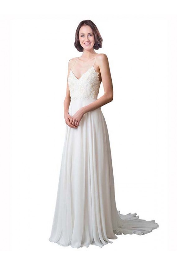 Ivoire Trapèze Bretelles spaghetti Col V Mousseline Dentelle Plage Robes de mariée à Bas Prix
