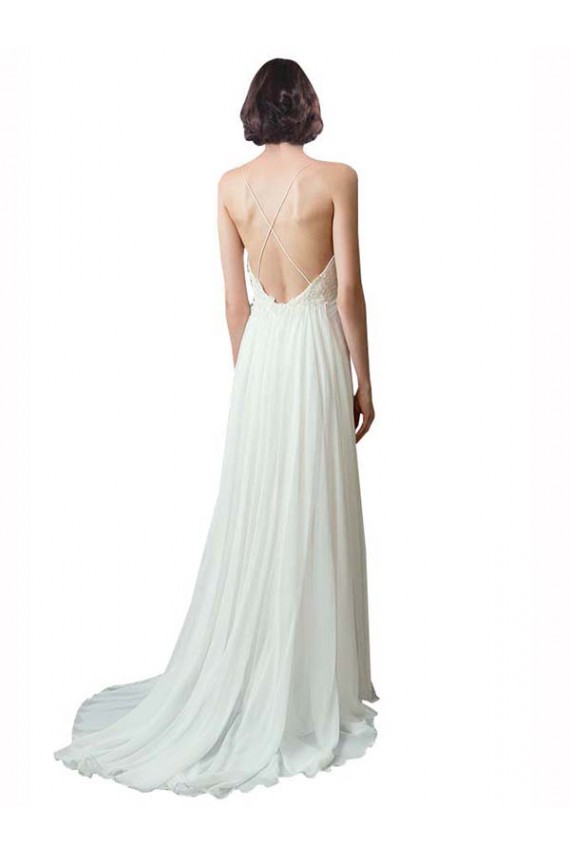 Ivoire Trapèze Bretelles spaghetti Col V Mousseline Dentelle Plage Robes de mariée à Bas Prix