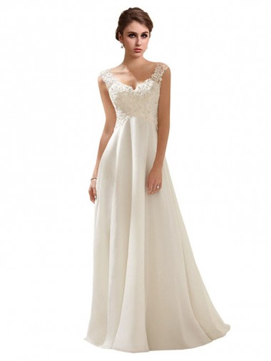 Ivoire Trapèze Col V Balayage train Mousseline Dentelle Robes de mariée à Bas Prix