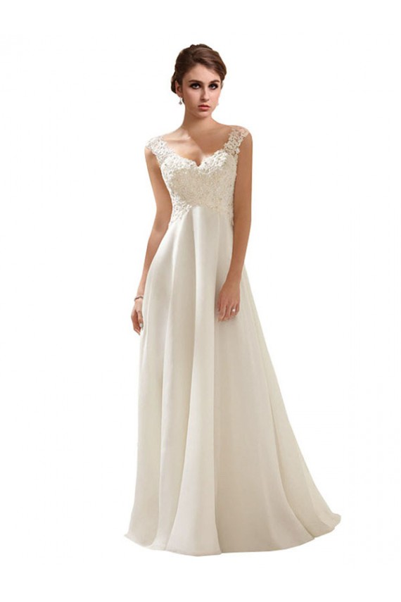Ivoire Trapèze Col V Balayage train Mousseline Dentelle Robes de mariée à Bas Prix