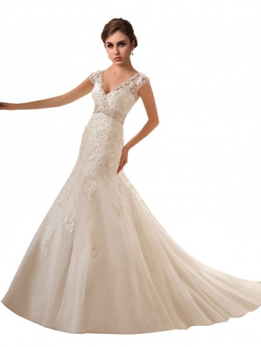 Ivoire Trapèze Col V Tulle Dentelle Robes de mariée à Bas Prix