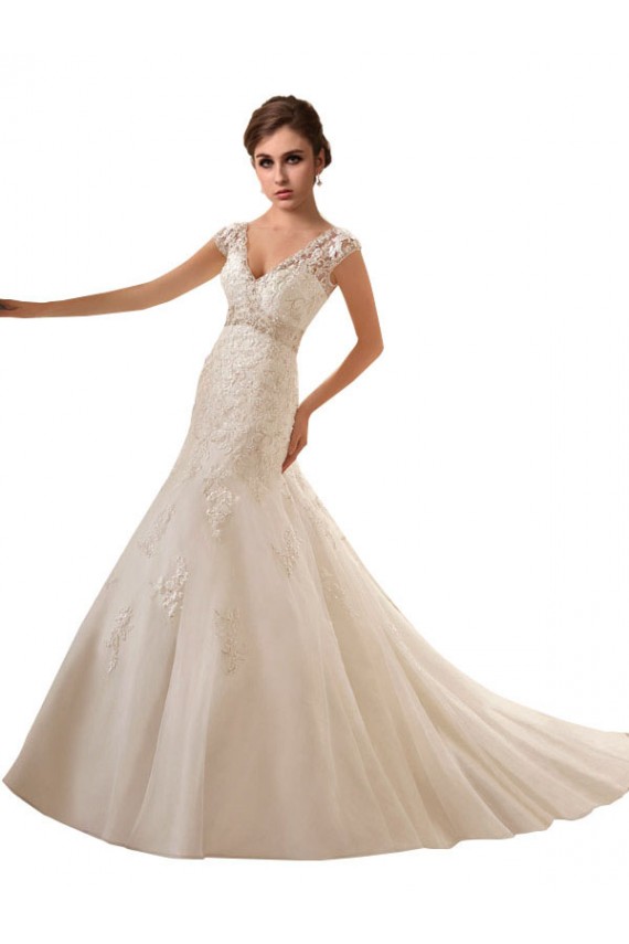 Ivoire Trapèze Col V Tulle Dentelle Robes de mariée à Bas Prix