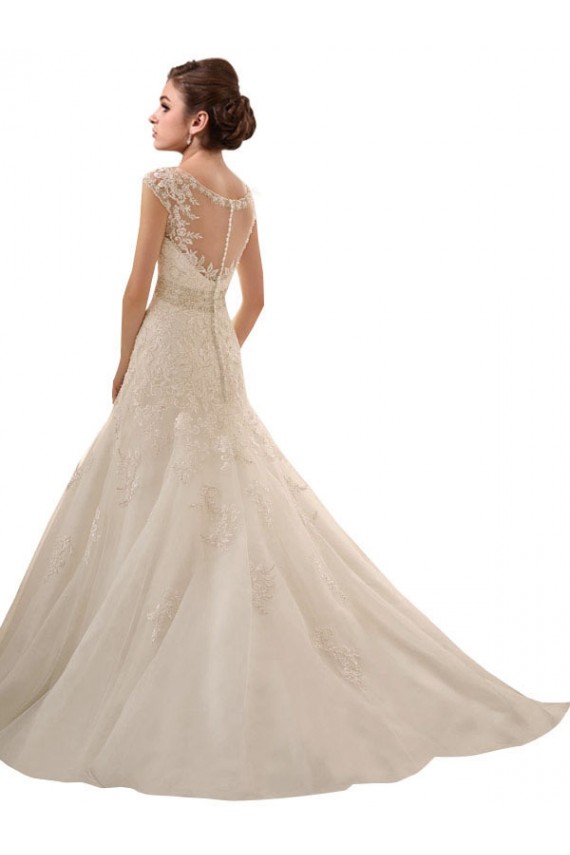 Ivoire Trapèze Col V Tulle Dentelle Robes de mariée à Bas Prix