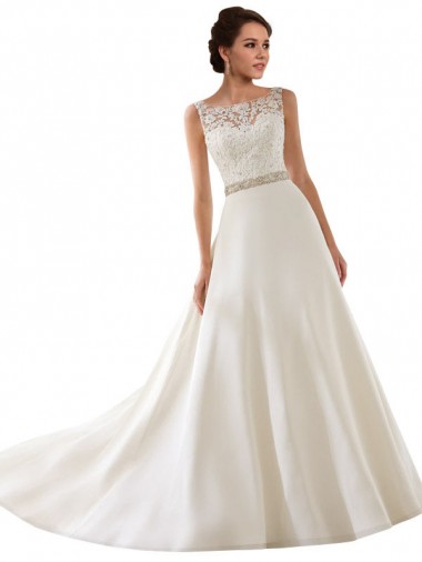Ivoire Trapèze Illusion Dentelle Robes de mariée à Bas Prix