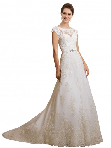 Ivoire Trapèze Illusion Tulle Dentelle Classique Robes de mariée à Bas Prix