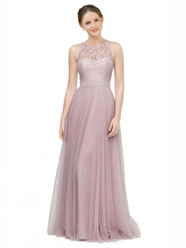 Light Lilac Trapèze Tulle Dentelle Longue Robes demoiselle d'honneur à Bas Prix