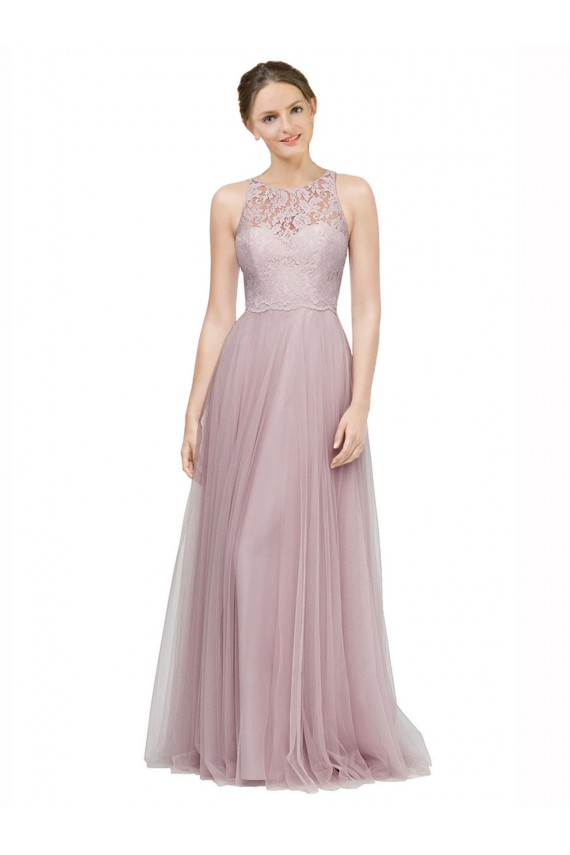 Light Lilac Trapèze Tulle Dentelle Longue Robes demoiselle d'honneur à Bas Prix