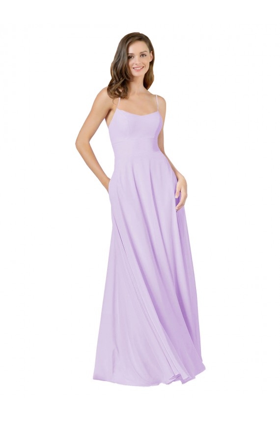 Lilas Trapèze Bretelles spaghetti Col Carré Mousseline Longue Robes demoiselle d'honneur à Bas Prix