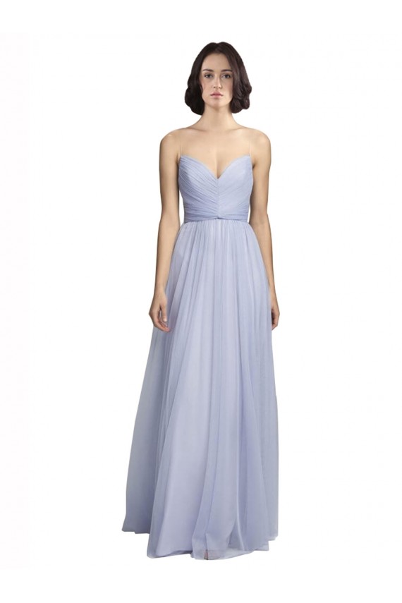 Lilas Trapèze Bretelles spaghetti Tulle Longue Robes demoiselle d'honneur à Bas Prix
