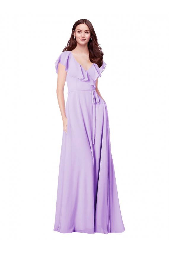 Lilas Trapèze Col V Mousseline Longue Robes demoiselle d'honneur à Bas Prix