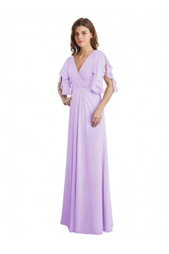 Lilas Trapèze Col V Mousseline Longue Robes demoiselle d'honneur à Bas Prix