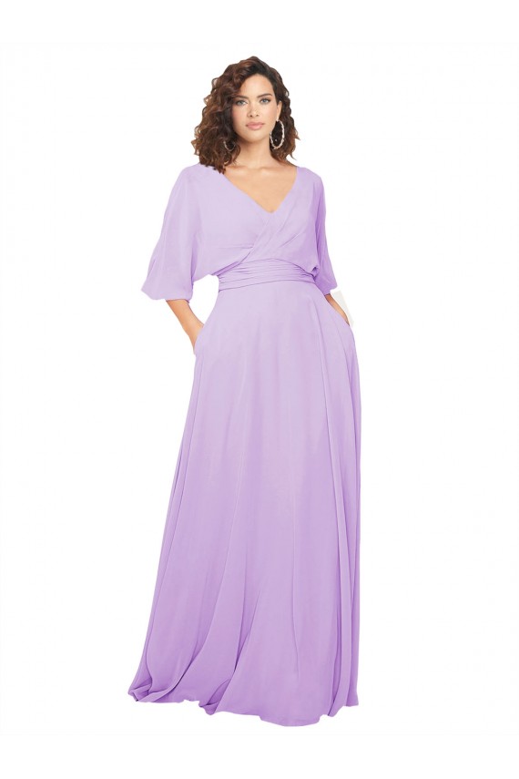 Lilas Trapèze Col V Mousseline Longue Robes demoiselle d'honneur à Bas Prix