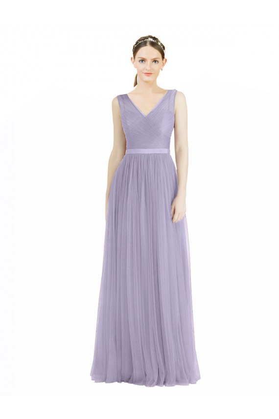 Lilas Trapèze Col V Tulle Longue Robes demoiselle d'honneur à Bas Prix