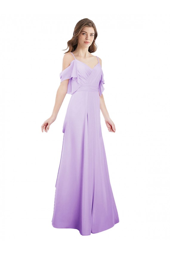 Lilas Trapèze Épaule Dénudée Bretelles spaghetti Mousseline Longue Robes demoiselle d'honneur à Bas Prix