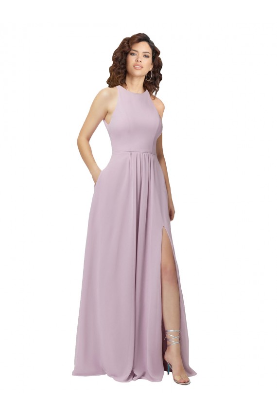Lueur rose Trapèze Licou Col Haut Mousseline Longue Robes demoiselle d'honneur à Bas Prix