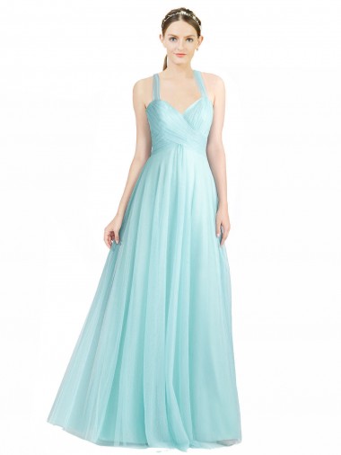 Menthe verte Trapèze Bretelles spaghetti Tulle Longue Robes demoiselle d'honneur à Bas Prix