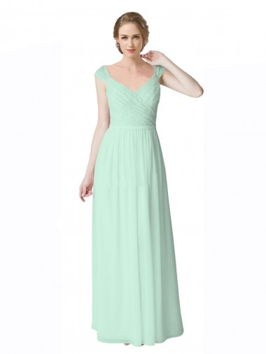 Menthe verte Trapèze Col V Mousseline Dentelle Longue Robes demoiselle d'honneur à Bas Prix