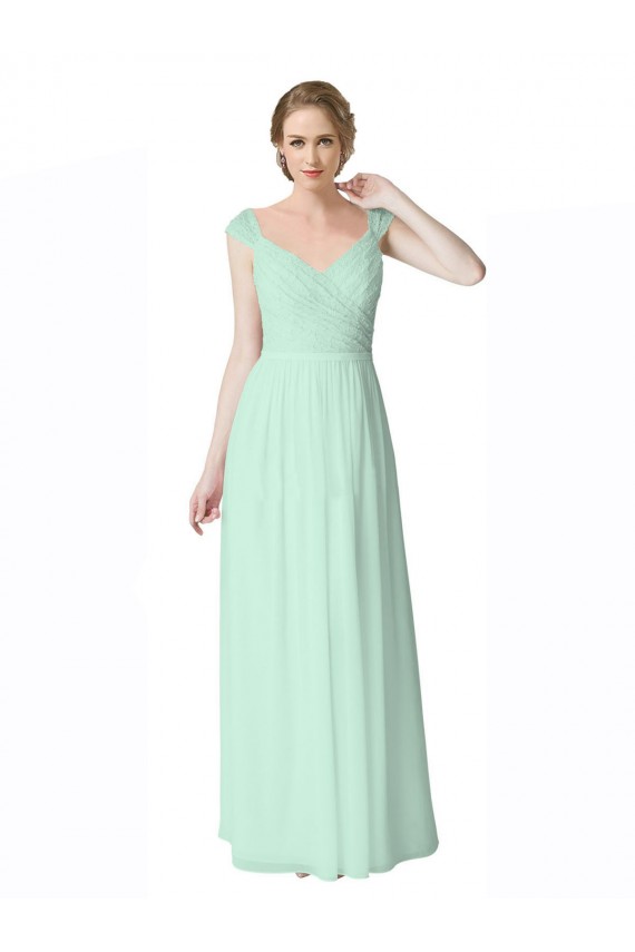 Menthe verte Trapèze Col V Mousseline Dentelle Longue Robes demoiselle d'honneur à Bas Prix