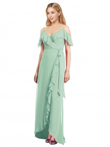 Menthe verte Trompette Bretelles spaghetti Col V Mousseline Longue Asymétrique Robes demoiselle d'honneur à Bas Prix