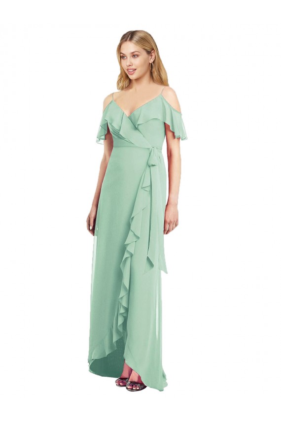 Menthe verte Trompette Bretelles spaghetti Col V Mousseline Longue Asymétrique Robes demoiselle d'honneur à Bas Prix