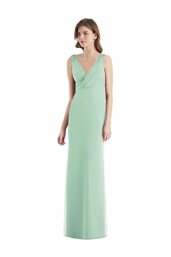 Menthe verte Trompette Col V Mousseline Longue Robes demoiselle d'honneur à Bas Prix