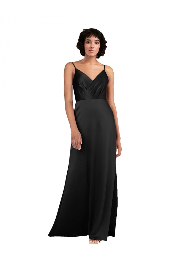 Noir Colonne Col V Satiné Soyeux Longue Asymétrique Formelles Robes demoiselle d'honneur / Robes de soirée / Robes de bal à Bas Prix