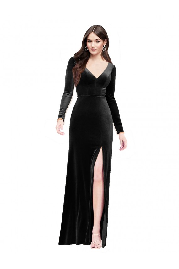Noir Colonne Col V Velours Stretch Longue Formelles Robes demoiselle d'honneur / Robes de soirée / Robes de bal à Bas Prix