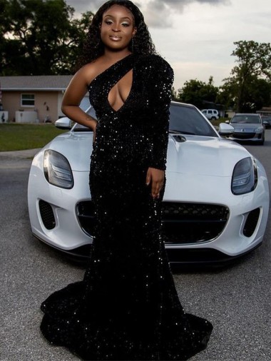 Noir Fourreau Balayage train Paillettes Velours Longue Robes de bal à Bas Prix