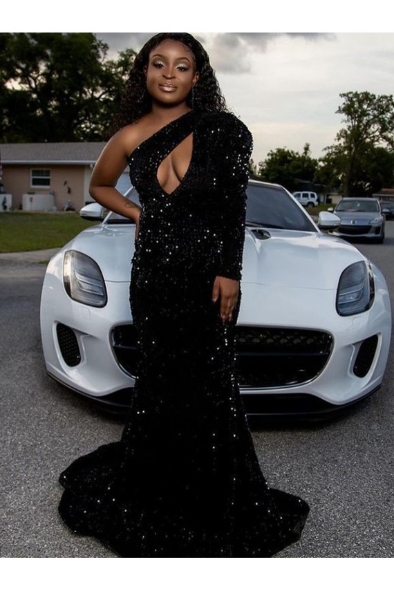 Noir Fourreau Balayage train Paillettes Velours Longue Robes de bal à Bas Prix