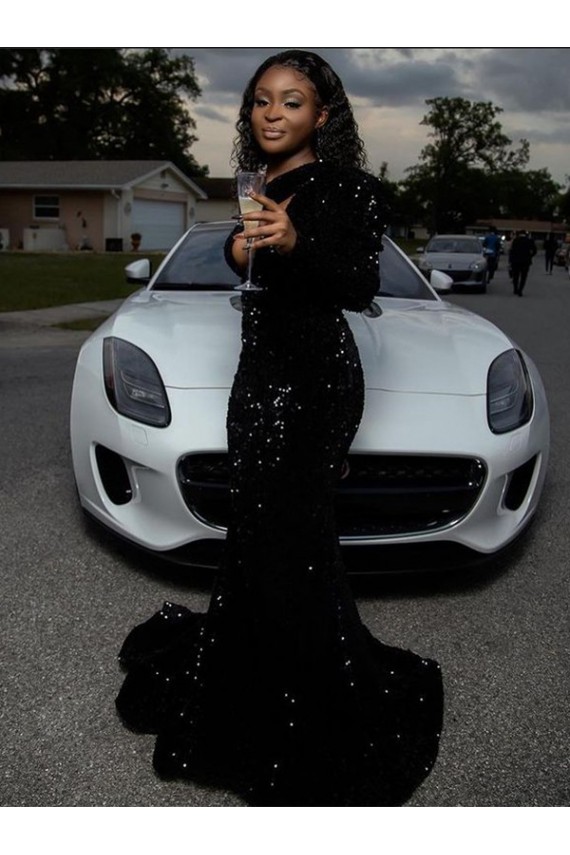 Noir Fourreau Balayage train Paillettes Velours Longue Robes de bal à Bas Prix