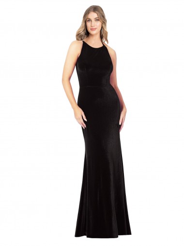 Noir Fourreau Bretelles spaghetti Col bijou Velours Stretch Longue Formelles Robes demoiselle d'honneur / Robes de soirée / Robes de bal à Bas Prix